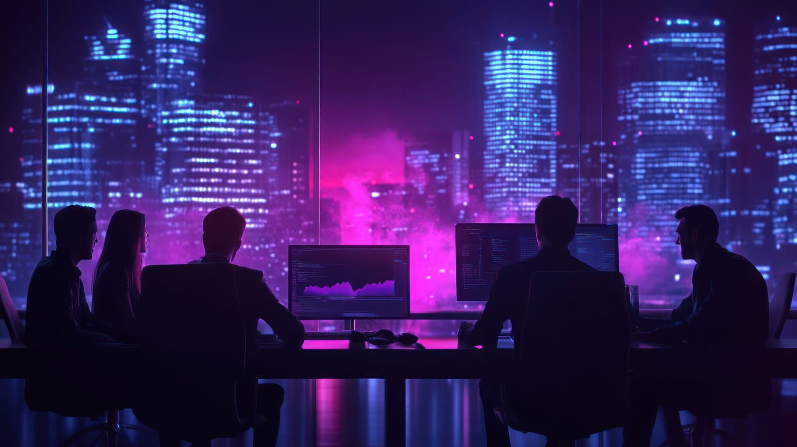 A team at work around a desk of monitors, a city skyline lit up at night beyond the windows